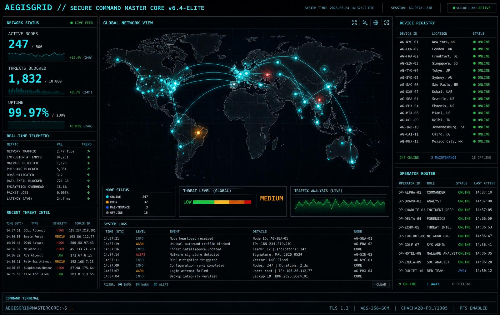 AEGISGRID global network dashboard showing 247 active nodes across the world with real-time threat telemetry